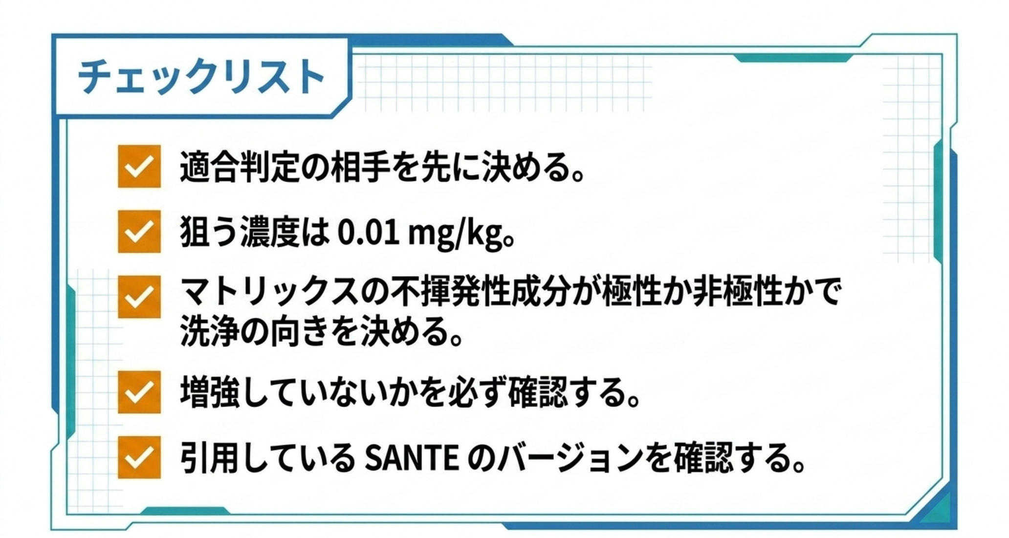 実務のチェックリスト。適合判定の相手、狙う濃度、洗浄の向き、増強の確認、SANTEのバージョン