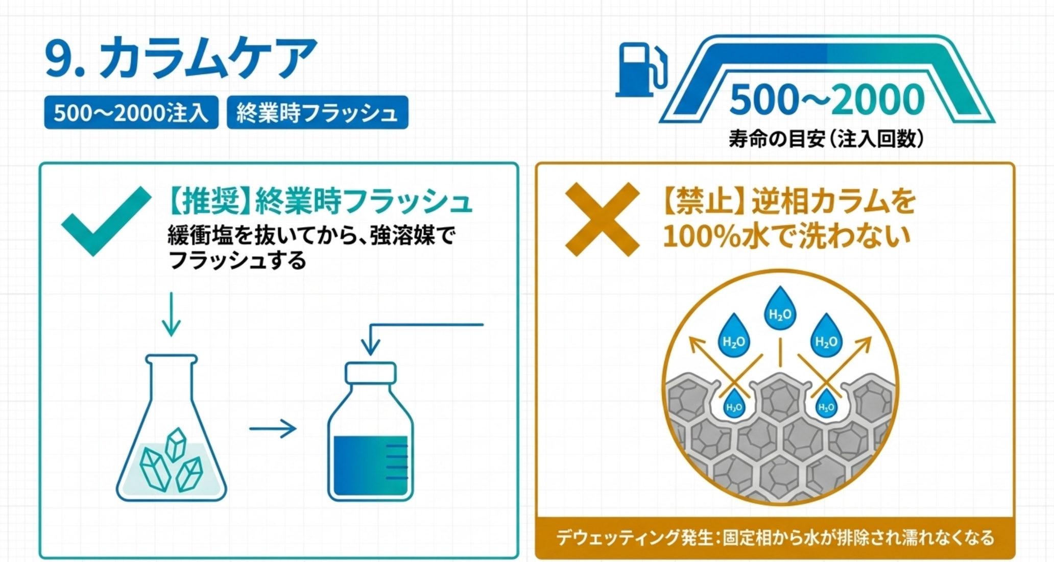 カラム寿命の目安と終業時フラッシュ、逆相を100％水で洗わない理由を示す図解