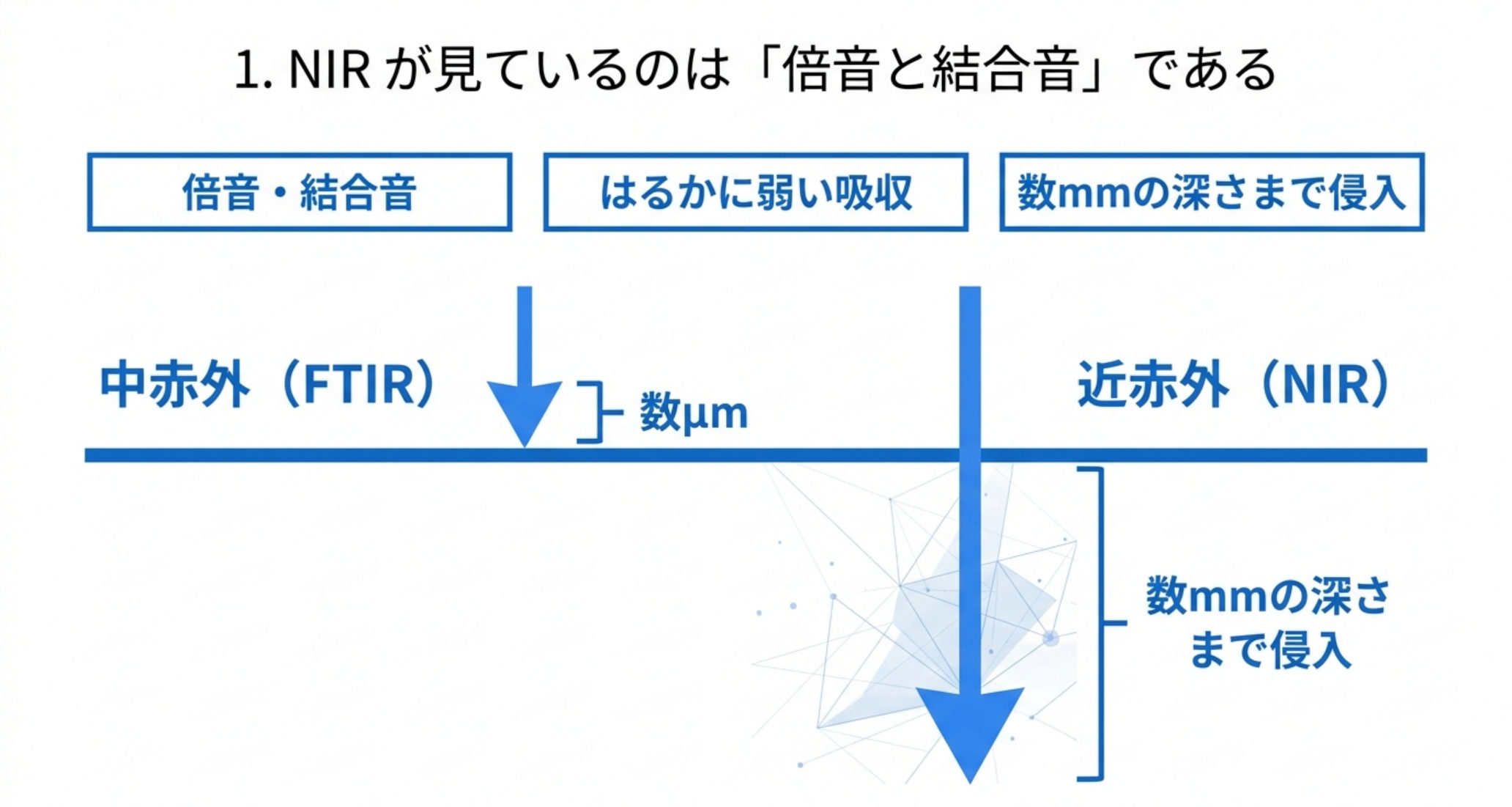 中赤外は数µm、近赤外は数mmまで侵入する模式図