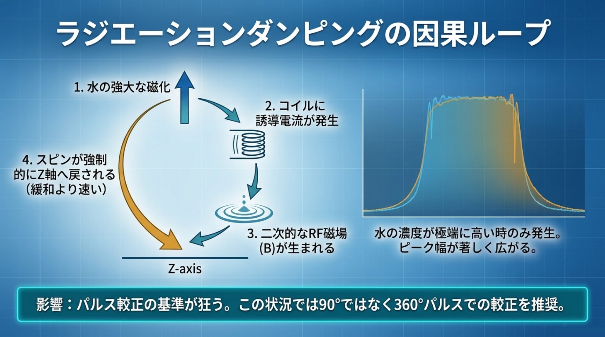 ラジエーションダンピングの因果ループ図。水の強大な磁化がコイルに誘導電流を発生させ、二次的なRF磁場を生み、スピンが緩和より速く強制的にZ軸へ戻される。結果としてパルス較正の基準が狂うため360度パルスでの較正が推奨される