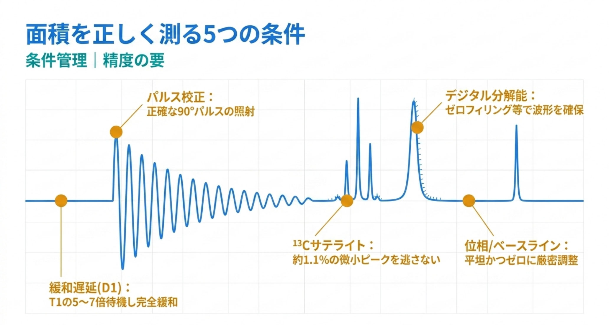 図解：精確に測る5つの条件。緩和遅延D1(T1の5〜7倍)・90度パルス校正・13Cサテライト約1.1%・デジタル分解能(ゼロフィリング)・位相/ベースライン